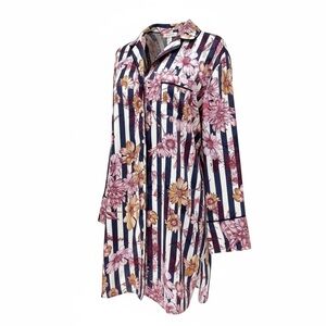 Victoria's Secret VS Satin Sleepshirt Nightgown Floral MEDIUM Blue White Stripe